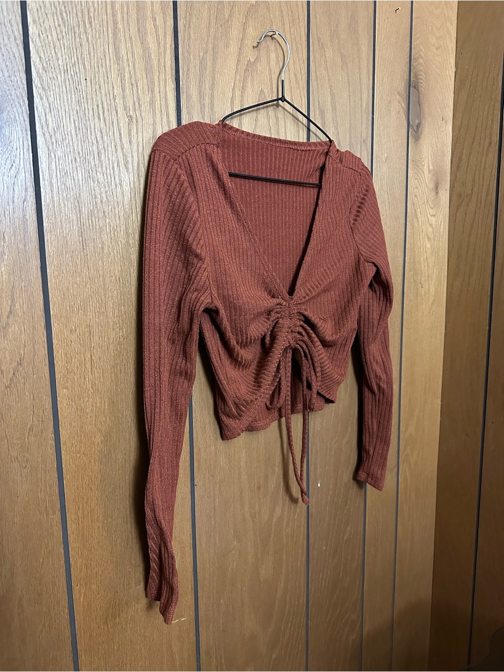 SHEIN Rust Ribbed Long Sleeve Drawstring V-Neck Crop Top